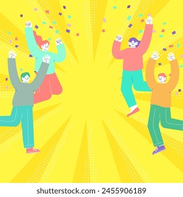 Illustration of women jumping and rejoicing amidst dancing confetti, radial sunburst background