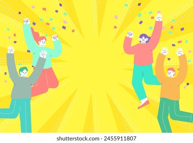 Illustration of women jumping and rejoicing amidst dancing confetti, radial sunburst background