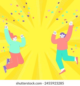 Illustration of women jumping and rejoicing amidst dancing confetti, radial sunburst background