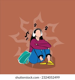 illustration of a women listing song through headphone. Music Heals. Young woman is listening to music or audio book with headphones on her smartphone stock illustration