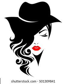 illustration of women long hair with a hat, retro logo women face on white background, vector