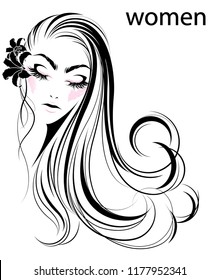 illustration of women long hair style icon, logo women face on white background, vector