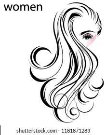 illustration of women long hair style icon, logo women face on white background, vector