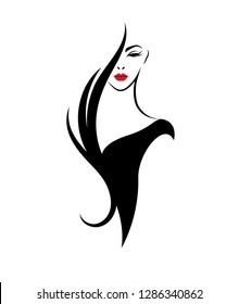 illustration of women long hair style icon, logo women face on white background, vector