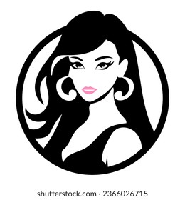 illustration of women long hair style icon, logo women face on white background, vector