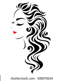 illustration of women long hair style icon, logo, face on white background, vector