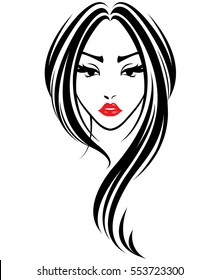 illustration of women long hair style icon, logo women face on white background, vector