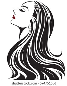 illustration of women long hair style icon, logo women face on white background, vector