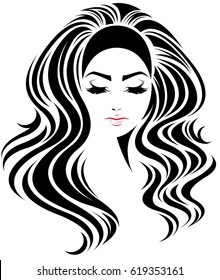 illustration of women long hair style icon, logo women face on white background, vector