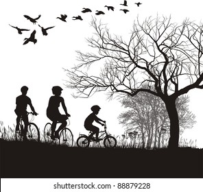 illustration of women, men and boys on bicycles in the countryside