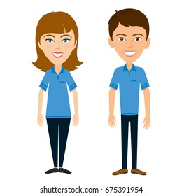 Illustration of women and men. Smiling woman and man in blue shirt. Professional technical service leader and team. Work team.
