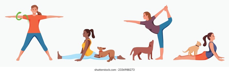 Illustration of women with pet doing yoga pose exercises