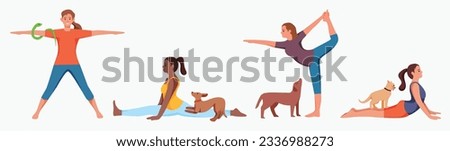 Illustration of women with pet doing yoga pose exercises