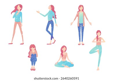 Illustration of women with positive and healthy mind and body. Hand-drawn illustrations in watercolor.