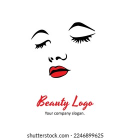 illustration of women with red lips , mape up style icon, logo women face on white background, vector emblem, illustration, salon, spa company business logo