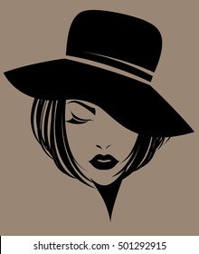 illustration of women short hair with a hat, retro logo women face on brown background, vector