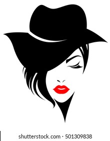 illustration of women short hair with a hat, retro logo women face on white background, vector