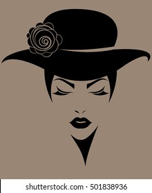 illustration of women short hair with a hat, retro logo women face on brown background, vector