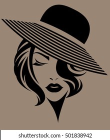 illustration of women short hair with a hat, retro logo women face on brown background, vector