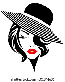 illustration of women short hair with a hat, retro logo women face on white background, vector