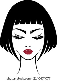 illustration of women short hair style and make up face on white background, vector. 
Red lips, long eyelashes