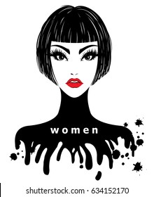 illustration of women short hair style icon, logo women on white background, vector