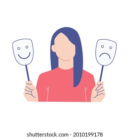 illustration of women show Bipolar disorder. Girl with two mask show happy and unhappy sad face mask illustration concept vector. Vector illustration about mental health. 