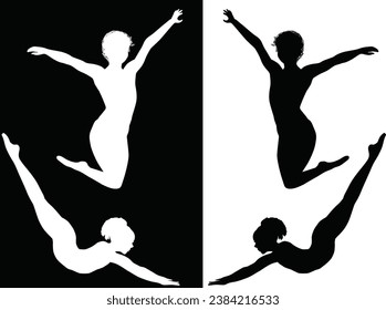 illustration with women silhouettes in motion isolated on black and white background