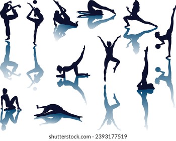 illustration with women silhouettes in motion isolated on white background