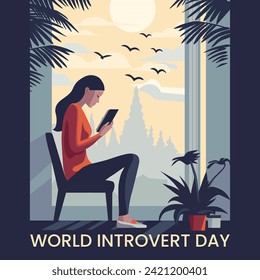 illustration of a WOMEN sitting on a bench in a park. WORLD INTROVERT DAY