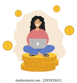 An illustration of a women sitting on a stack of money with a laptop on her knees. Freelance concept.