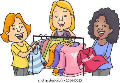 Illustration of Women Standing Near a Clothes Rack Swapping Clothes