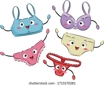 Illustration of Women Underwear from Bra to Panties and Tongs