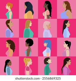 Illustration of women from various backgrounds and ethnicities, represented in profile view, symbolizing diversity, empowerment, and unity on a pink backdrop.