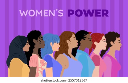 Illustration of women from various backgrounds and ethnicities standing in profile with "Women’s Power" text on a purple striped background, symbolizing empowerment and unity.