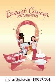 Illustration women of various races are examining breast cancer
