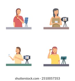 Illustration of women vloggers shooting videos, podcasting, and live streaming