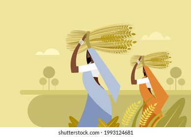 Illustration of women walking with harvested wheat in the agricultural field