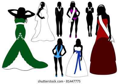 Illustration of women wearing different dresses