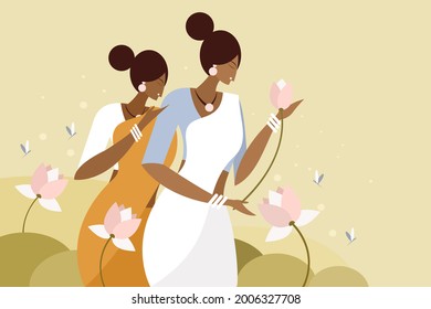 Illustration of  women wearing traditional dress plucking lotus flowers from a lotus pond