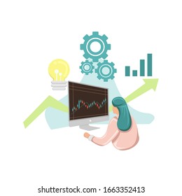 Illustration of a women who monitors business, stocks, traffic, the stock market, with hours as time.