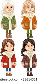 Illustration of women in winter attire with beanie hat and parka fur jacket