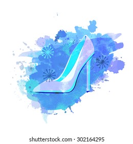 Illustration of women's accessories, High heels beautiful sandal on splash and snowflakes decorated background.