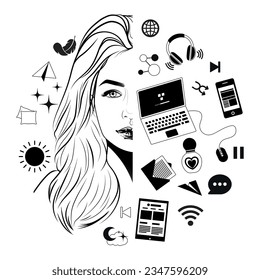 Illustration Women's affairs in a circle in black and white doodle colors. Half of a girl's sweatshirt. Set of morning related items. Morning things to do. To-do list.