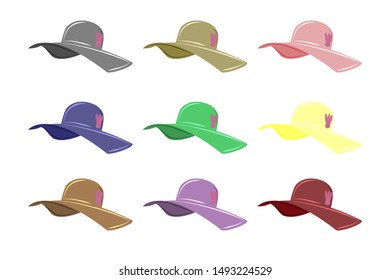 illustration of women's beach hat. colorful. collection. the logo. facing front.