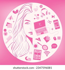 Illustration Women's circle business in pink colors. Half of a girl's sweatshirt. Set of morning related items. Morning things to do. To-do list. Doll concept.