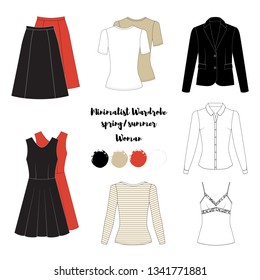 Illustration of women's clothes. Capsule color combination. Minimalist Basic wardrobe. Casual style. Technical drawing. Spring summer