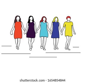 Illustration for women's day of five different women going holding hands on a white background.