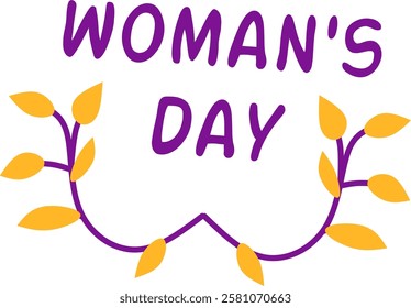 Illustration of Women's Day, the words "Women's Day" are surrounded by bright colored leaves.