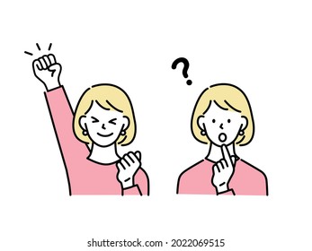 Illustration of women's facial expressions and facial patterns (business scenes, attention, motivation, surprise, worry, bargain, understanding.